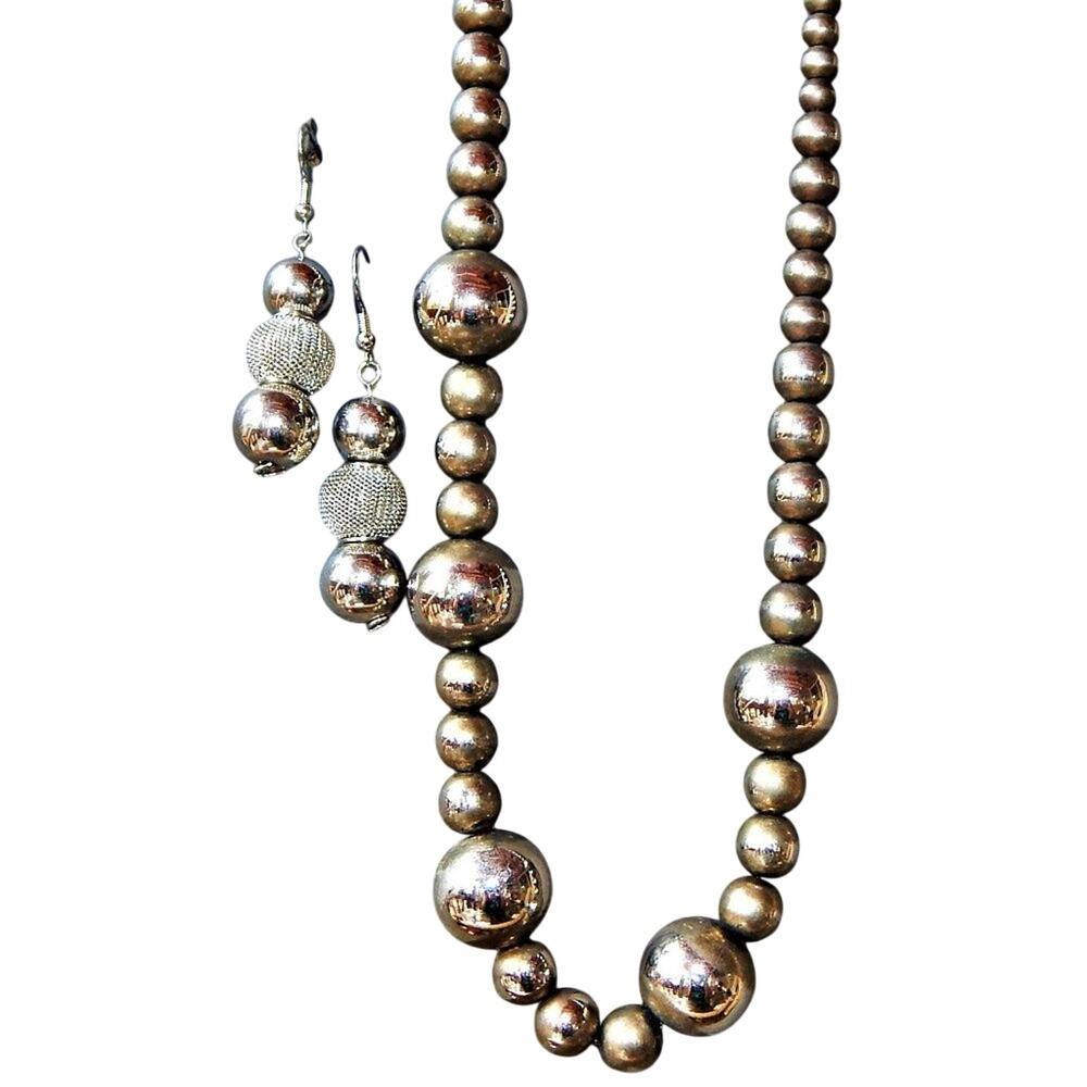 Classy Vintage Silver Ball Bead Necklace & Earring Set